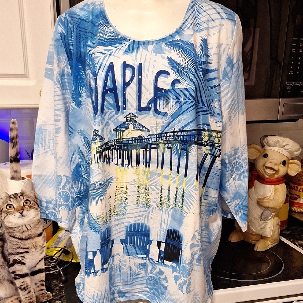 f Womens Alia Blue Stretch 3/4 Sleeve Plus Size Top 3X